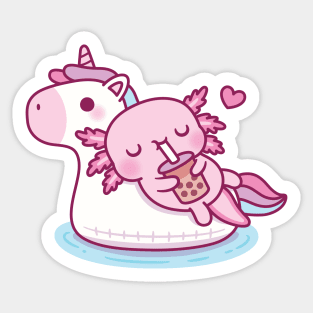 Cute Axolotl Chilling On Unicorn Pool Float Drinking Bubble Tea Sticker